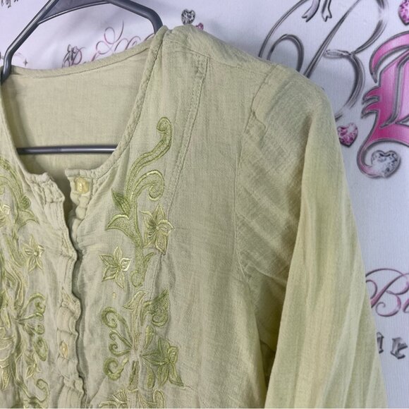 Long sleeve shirt Embroidered Green Top floral flowers paisley button down - Picture 4 of 11